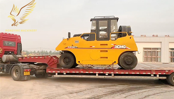 A second-hand rubber-tyred roller ready to be shipped to Tanzania